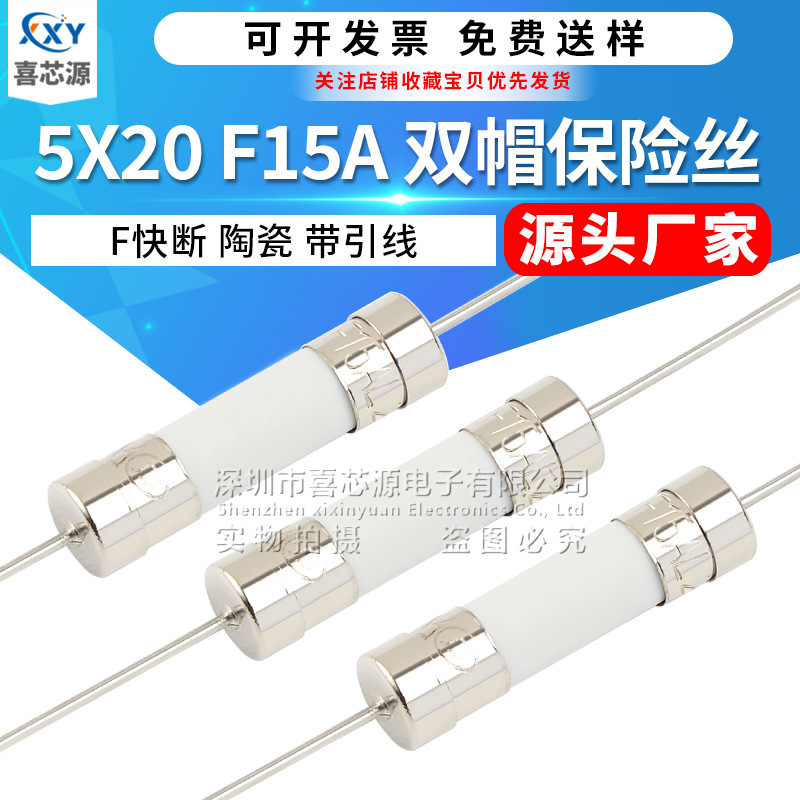 5x20mm双帽陶瓷保险丝250V F15A 快断型带引线脚电源保护器熔断管