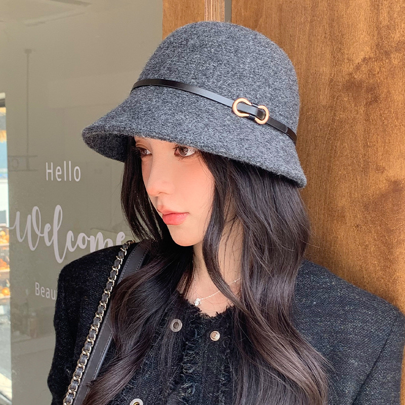 Korean-style wool fisherman hat, autumn/winter, with metal ring buckle, equestrian hat, simple solid color, high-end design, women's style