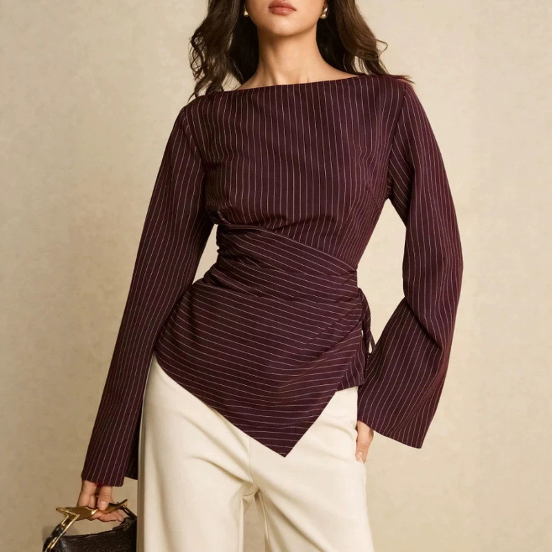 Cross-border exclusive supply: European and American striped waist-cinching off-shoulder top, women's shirt, irregular slim-fit, elegant, suitable for commuting Cross-border exclusive supply: European and American striped waist-cinching off-shoulder top, women's shirt, irregular slim-fit, elegant, suitable for commuting