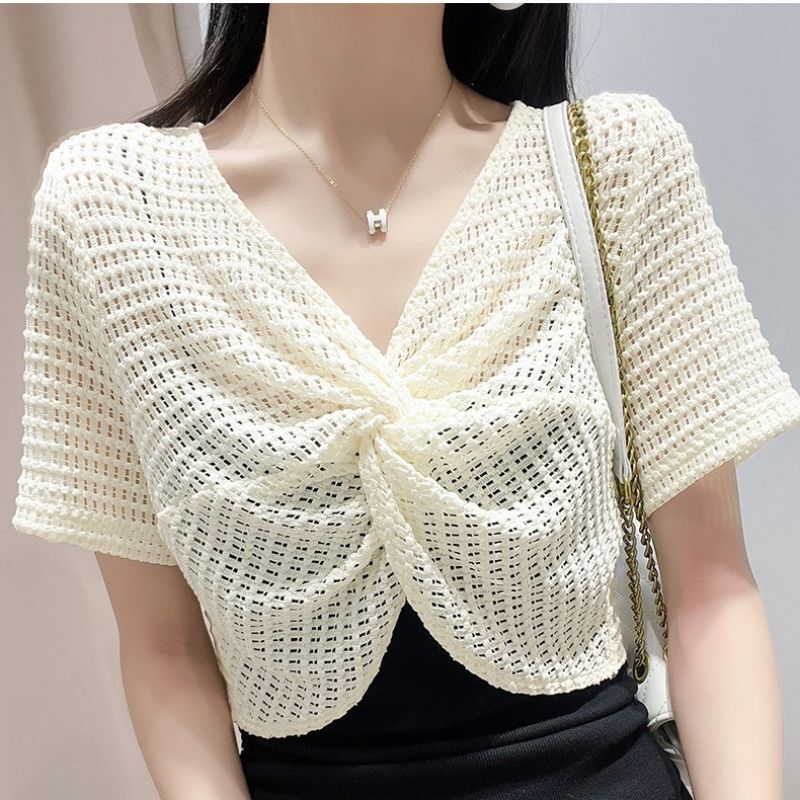 Summer Slip Skirt Overshirt Women's Short-sleeved Knitted T-shirt Small Crowd Fairy Sunscreen Shawl Sexy Lace Top