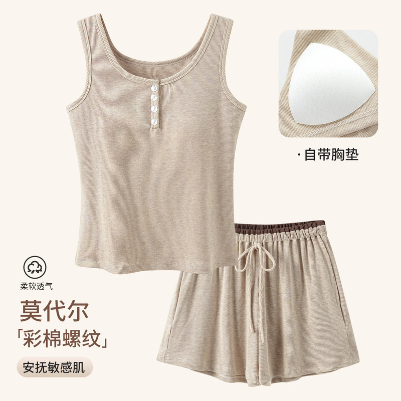 40 Pieces Tr7030 Modal Colored Cotton Threaded Vest Suspender Shorts with Breast Pad Pajamas for Women Summer Thin and Cool