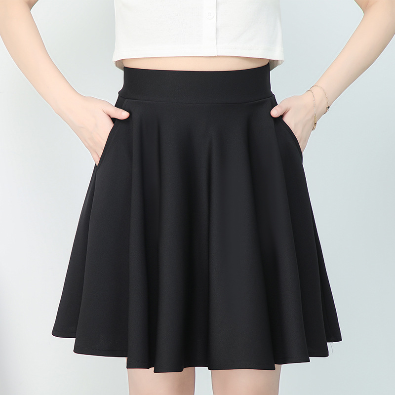 春夏新款短裙弹力口袋半身裙高腰大摆舞裙防走光伞裙女黑裙子跨境