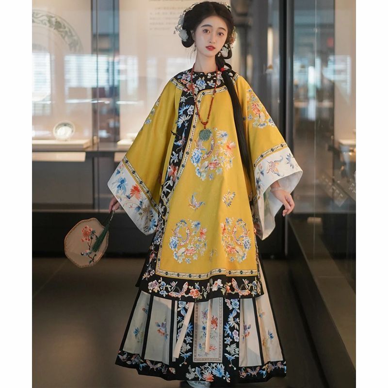 Qinghan 女性の漢服両開き復元プリントラウンドネック民族衣装馬面オリジナル重工業改良版|undefined
