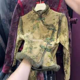 新中式国风盘扣拼接毛领长袖开衫小外套女秋冬新款复古氛围感上衣