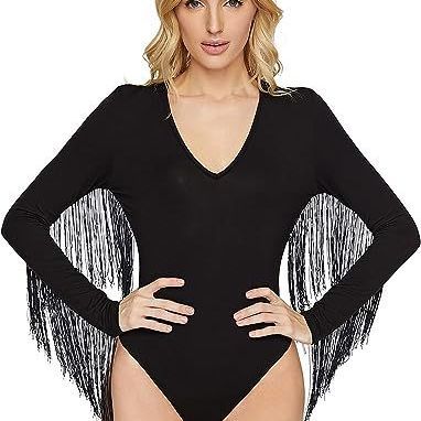 Body de Manga Larga Ajustado con Cuello en V y Flecos, Estilo Disco, para Mujer