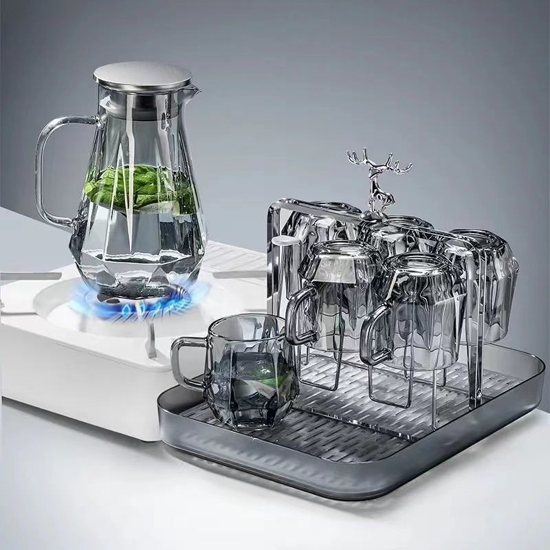 Diamond-Style High-End Glass Water Pitcher Set for Home Use, Living Room Cool Water Pitcher with Cup Holder, Light Luxury, High Temperature Resistant