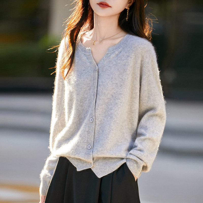 2025新款女士羊绒衫圆领开衫无缝一体100%纯羊毛衫拉毛羊绒毛衣|undefined