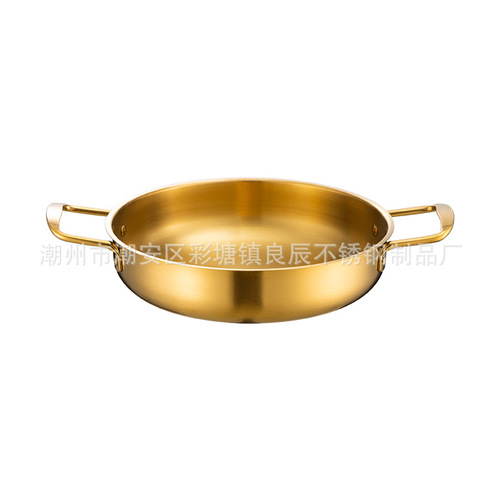 Factory direct sales commercial thickened stainless steel soup pot double-ear flat bottom griddle Korean golden ramen pot seafood griddle