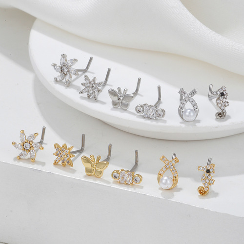 Amazon's best-selling copper-plated real gold nose nail jewelry European and American nose jewelry L-bar micro-inlaid zircon body piercing jewelry