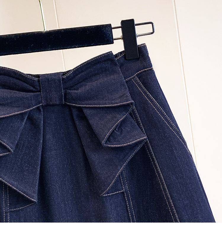 Chân váy denim dáng chữ A cạp cao có nơ, dáng midi che khuyết điểm tôn dáng — Màu xanh dương chi tiết 14