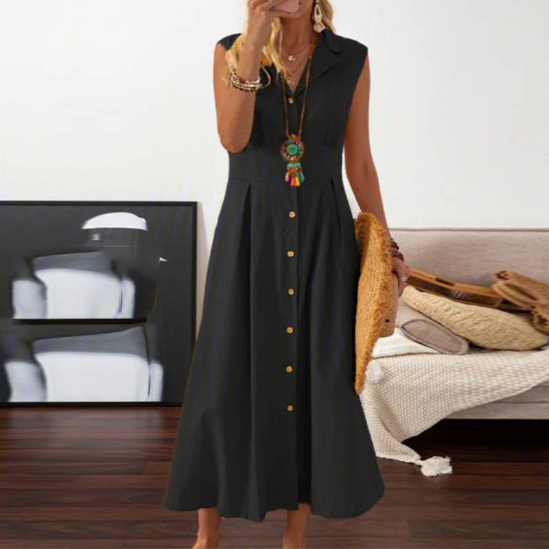 Solid Color Pattern Wholesale Women's Casual Solid Color Holiday Daily V Neck Turndown Sleeveless Tank Dress