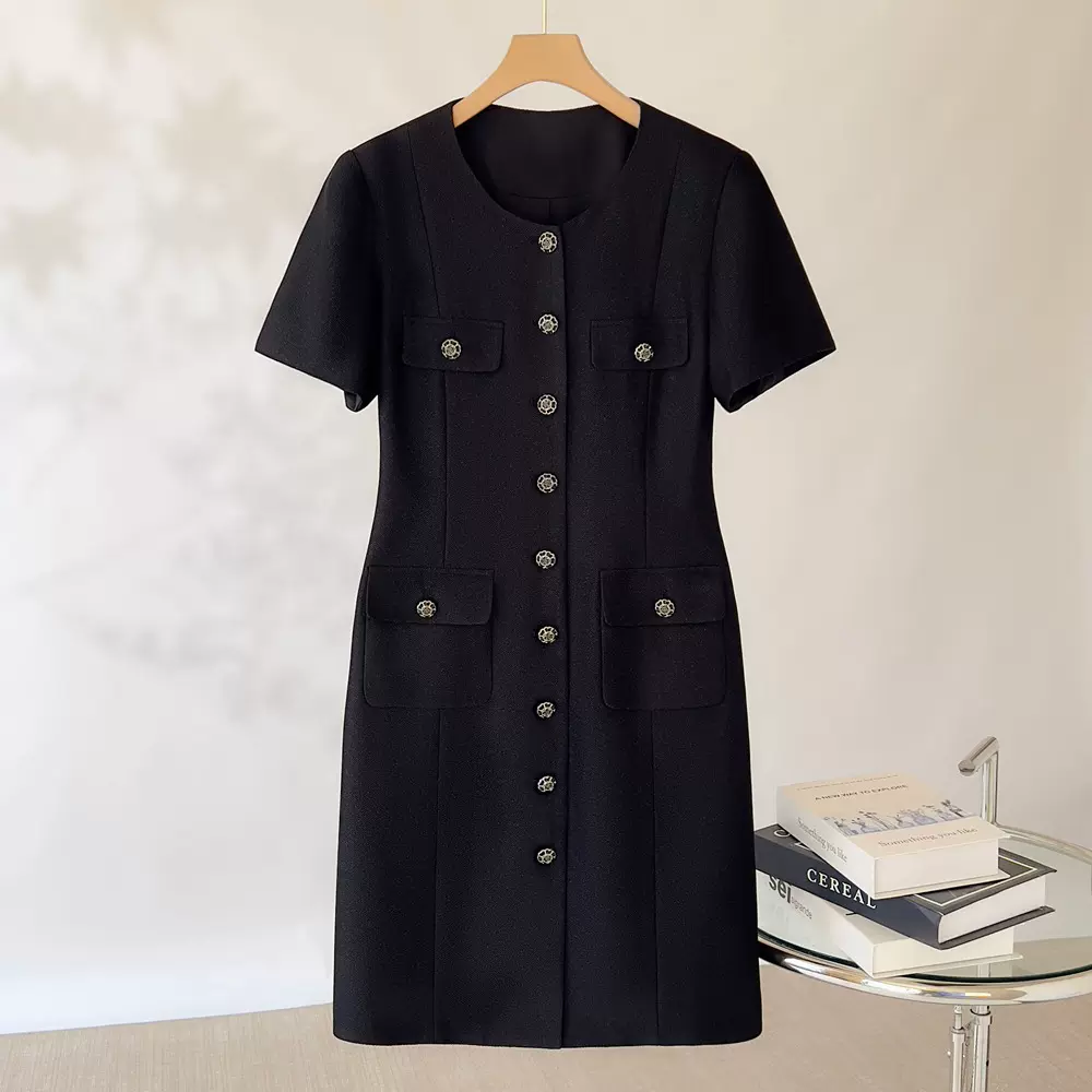 恩迪气质小香风连衣裙女2026年夏季新款肌理感职业通勤显瘦小黑裙