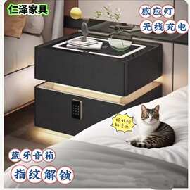 新款卧室全实木密码锁床边收纳柜网红简约现代智能带灯悬浮床头柜