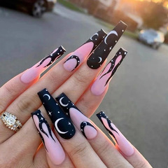 Hot-selling Long-Style Wearable Nail Tips with Night Sky Star and Moon Design for International Trade — Removable Fake Nail Strips, Ready-to-Wear Manicure Products Wholesale