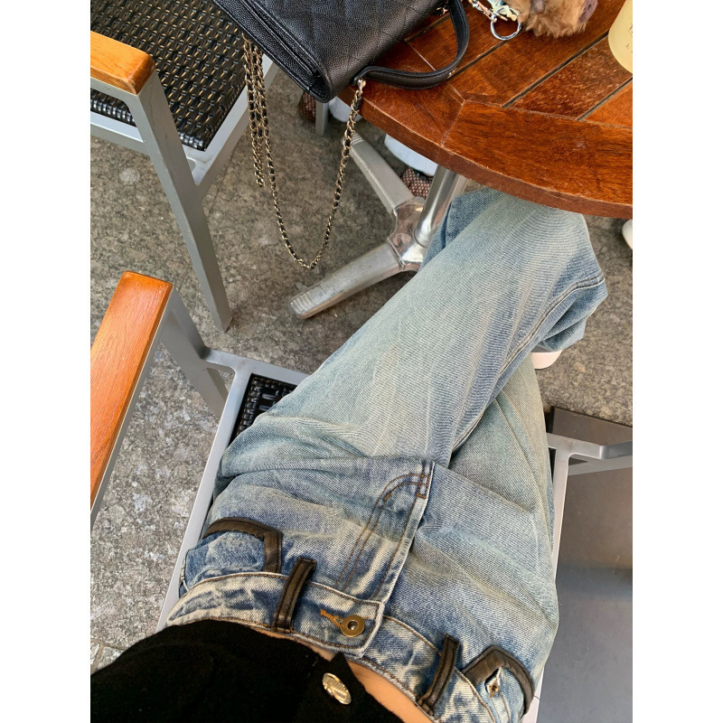 Good Morning Fan Fan 1 Series Leather Denim Washed Blue Slim Straight Jeans Women's Autumn Versatile Long Pants