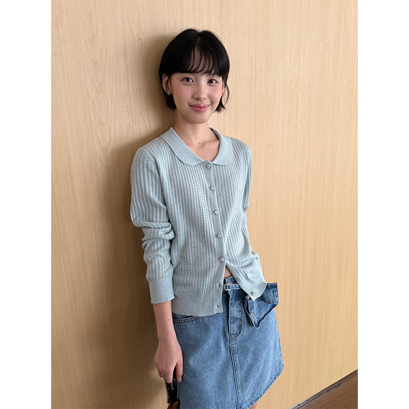 【Clearance No Returns】Age-Reducing Doll Collar Long Sleeve Knitted Cardigan for Women 2025 Autumn Turn-Down Collar Top 19213