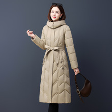 时尚连帽长款过膝羽绒棉服女2025年冬季收腰系带加厚洋气棉衣女