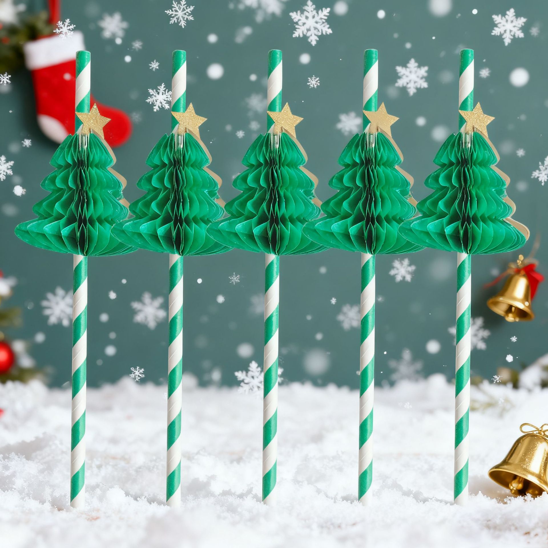 Pajitas de papel con diseño de árbol de Navidad en 3D, para postres, cócteles, decoración de fiestas, pajitas creativas para bebidas navideñas