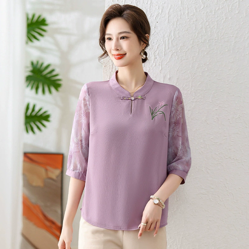 Летняя новая мама одеваются национальный стиль с рукавами с средним рукавом 50-летняя пожилая женщина прохладная тонкая рубашка с короткими рукавами оптом