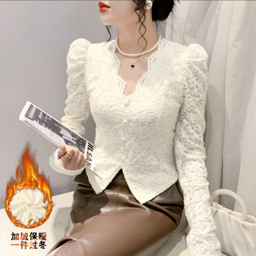 Lined and Thickened French Lace Collar Fashion Bubble Sleeve Blouse for 2025 Autumn/Winter - Versatile Lace Top