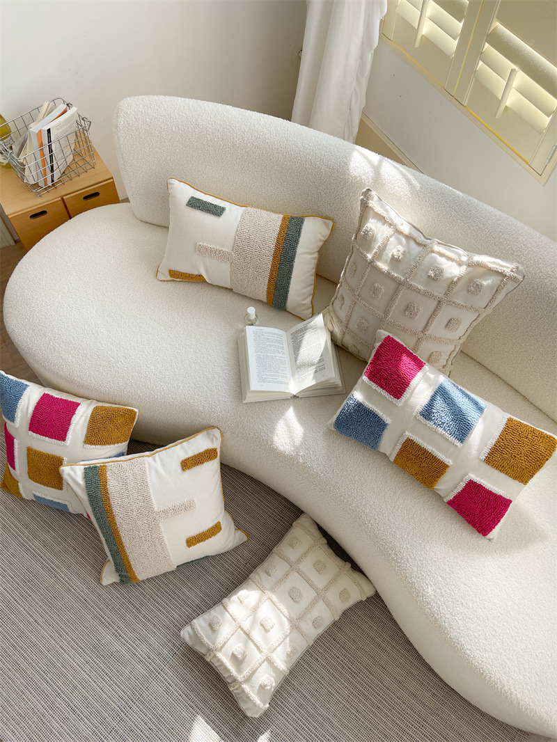 Federa per cuscino in tela di cotone stile nordico, modello di decorazione per la casa, modello di velluto, a righe geometriche, ricamata, per divano_voghion.com