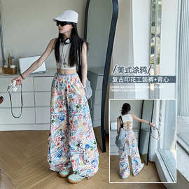 女童裤子夏薄款2026新款中大童潮酷卡通涂鸦工装休闲裤夏装直筒裤