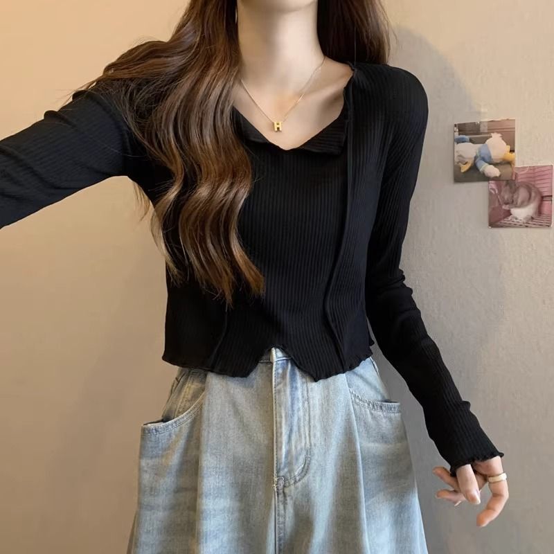 法式锁骨领内搭长袖恤女秋装设计感洋气独特别致小个子短款上衣|undefined
