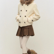 毛领双排扣短款毛呢羊毛大衣连帽外套小众设计感女收腰秋冬加厚