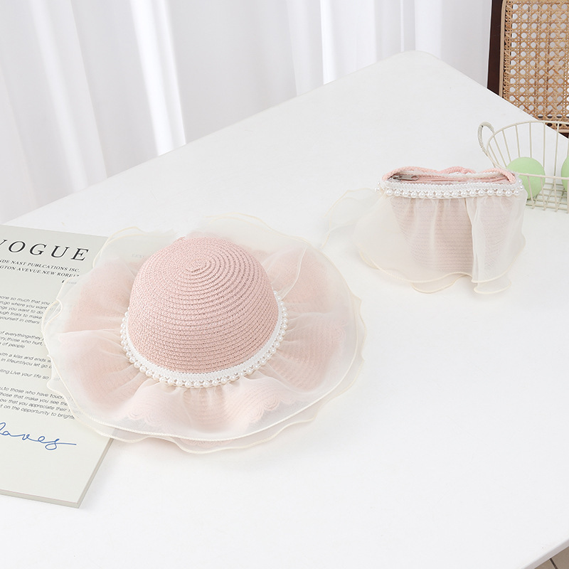 Pearl mesh wavy edge straw hat-pink