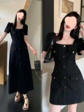 大码法式牛仔连衣裙女夏季收腰显瘦小个子短裙微胖MM短袖A字裙子