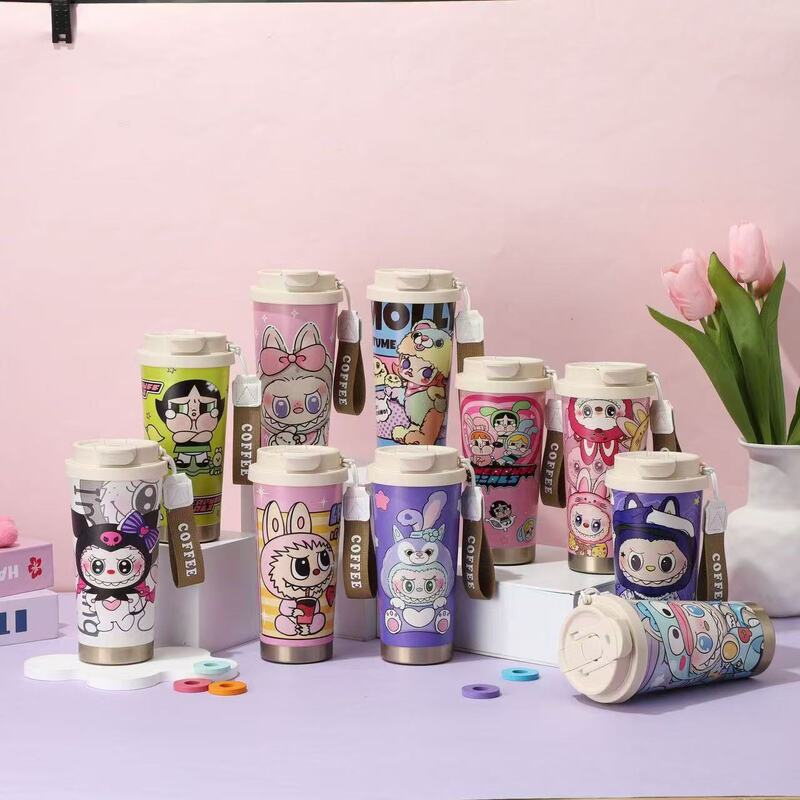 Cute Cartoon Insulated Cup Labubu Double Drinking Straw Cup Labubu Water Cup Car Coffee Cup Portable Water Bottle
