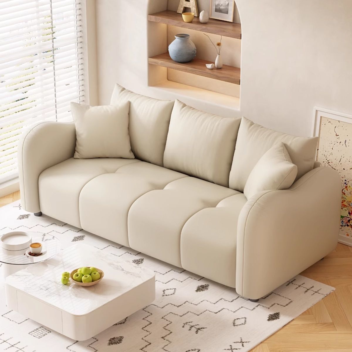 Modern Simple Cat Claw Leather Cream Style Sofa Living Room 2025 New Apartment Small Apartment Straight Row Three or Four Person Wood