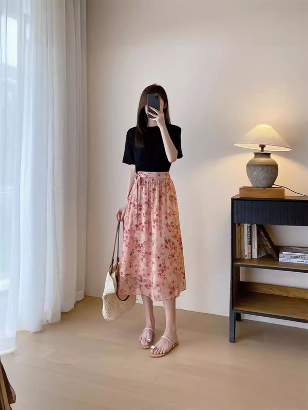 Lp高級女装砕花プリント傘スカートフランス式小衆スカート高腰痩せa字超仙半身スカート女性夏|undefined