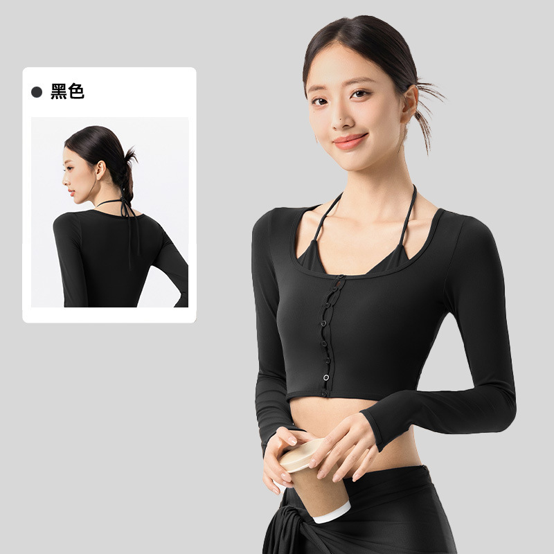 猫耳挂脖假两件长袖瑜伽服女带胸垫短款修身一体式运动健身服上衣|undefined