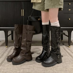 厚底粗跟褶皱长筒靴女2025新款秋冬季女靴辣妹堆堆裤管靴骑士靴子|undefined