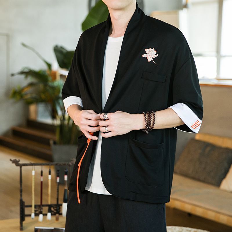 2023 Summer New Plus Size Chinese Style Embroidered Casual Shirt, Hanfu Modified Taoist Robe, Short-Sleeve Cardigan, Unisex Chinese Trend
