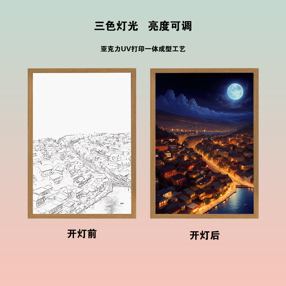 三色万家灯火灯光画创意小夜灯阳光画挂画相框摆台素描装饰画框