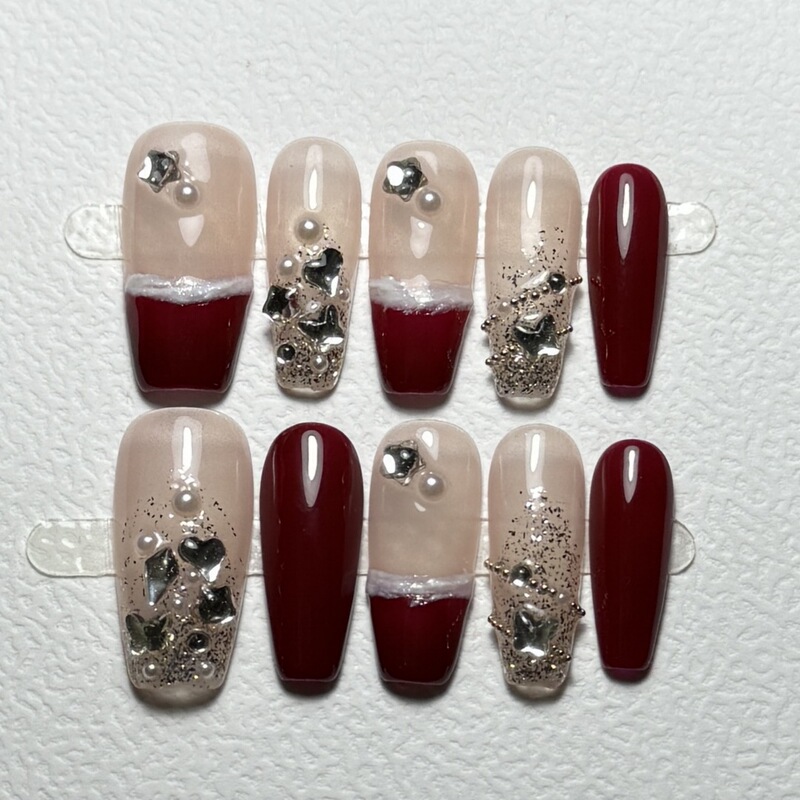 New Christmas Manicure, Pure Handmade Wearable Nails, Red Sparkling Diamonds, Mid-Length Red Wedding Engagement New Year Nails