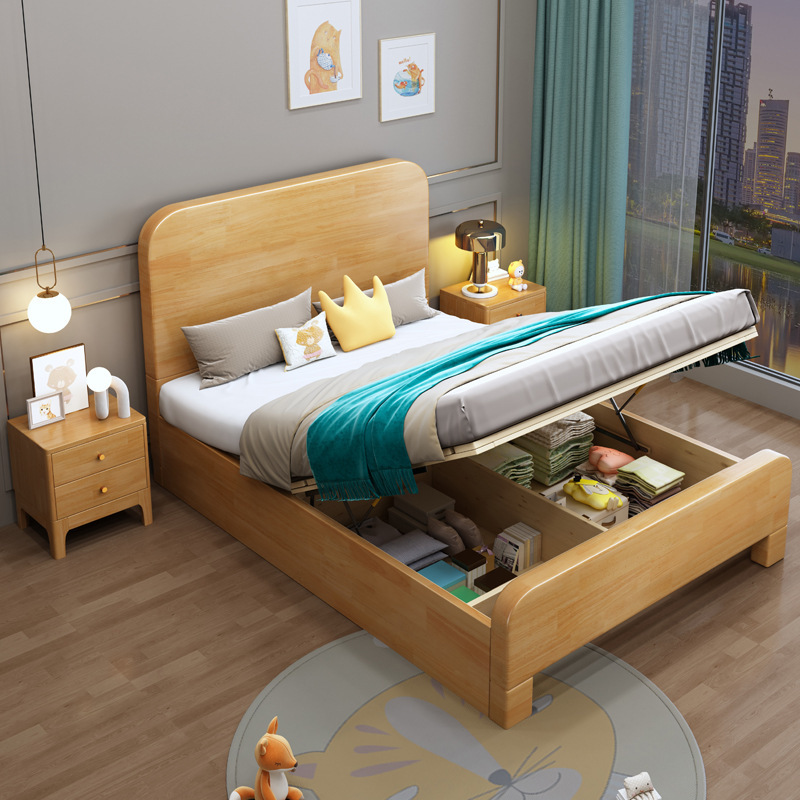 Cama de madera sólida Cama individual 1,2 m tronco simple almacenamiento económico Cama de caja alta madera sólida 1,5 m cama doble nórdica