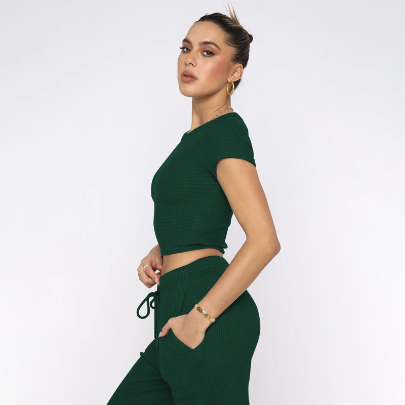 Spring Summer Solid Color Waffle round Neck Short Sleeve Women Clothing Casual Trousers Sets 55 Spring Summer Solid Color Waffle round Neck Short Sleeve Women Clothing Casual Trousers Sets