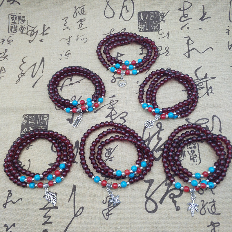 6mm imitation garnet three-circle bracelet ethnic style multi-circle bracelet Buddha beads play hand jewelry live supply welfare