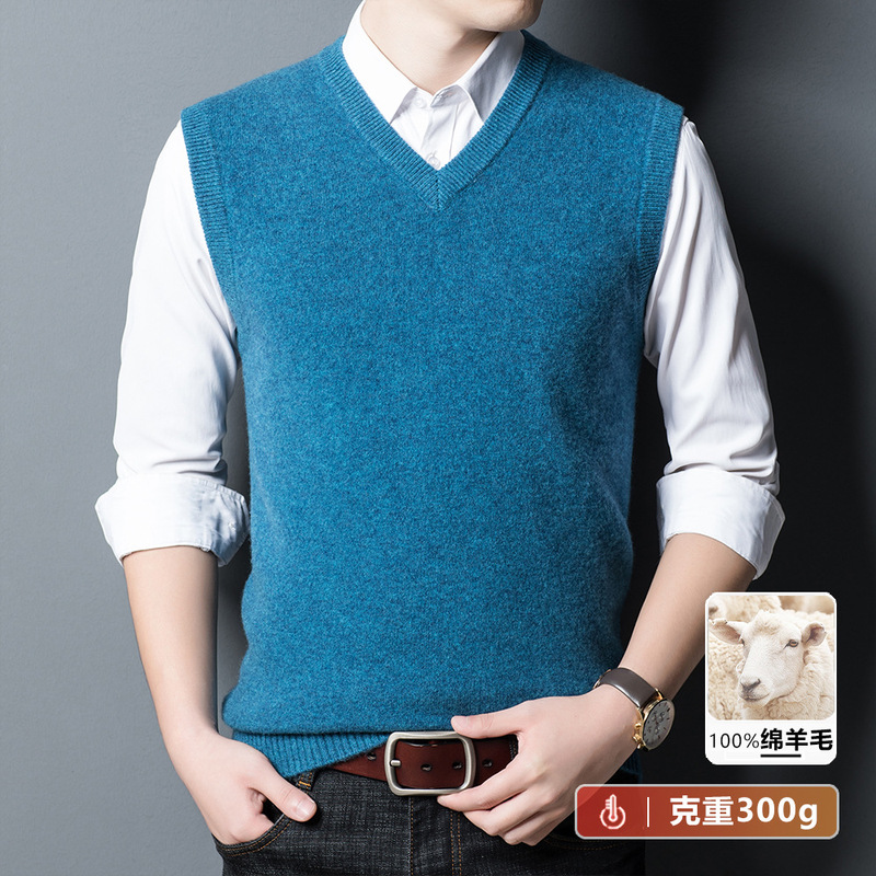 [100 Pure Wool] Men's Wool Vest V-neck Middle-aged and Elderly Solid Color Thickened Sleeveless Neck Sweater Waistcoat