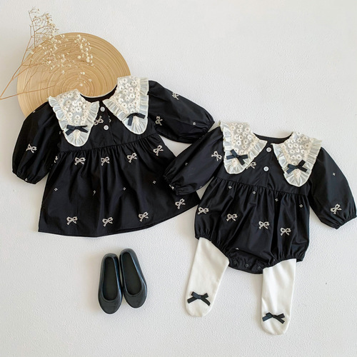 INS Fall Outfit Sister Skirt Baby Doll Collar Lace Embroidered Girls' Long Sleeve Climbing Suit Stylish Children's Dress Outing Dress