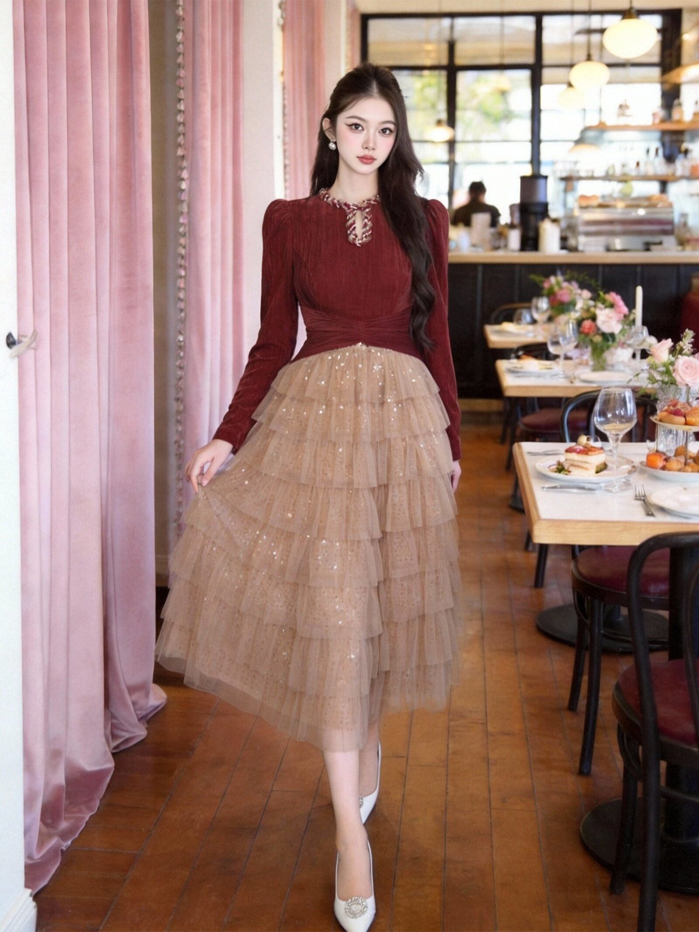 Đầm maxi nữ cổ tròn xuyên thấu eo thắt, kiểu bánh kem lưới tiên nữ — màu sắc