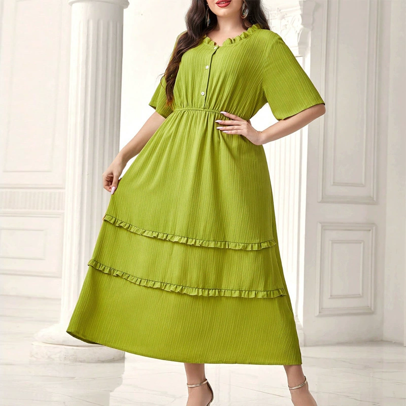 Ближний Восток плюс размер 2024 летний новый лотос воротник с длинными рукавами, высокая талия, чтобы получить простые женские платья