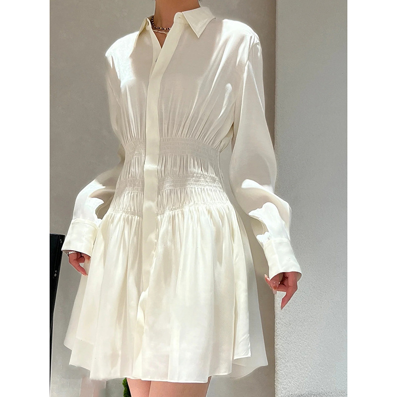 in stock Light Luxury Waterless Light-sensitive Pleated Slim A- line Skirt Autumn Elegant Simple and Chic Shirt with Short dress