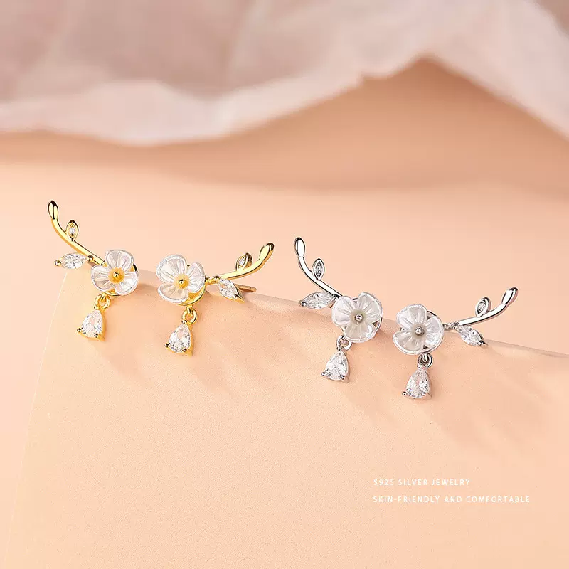 雍程S925纯银森系花朵树叶水滴钻耳钉女轻奢精致高级感耳饰品批发