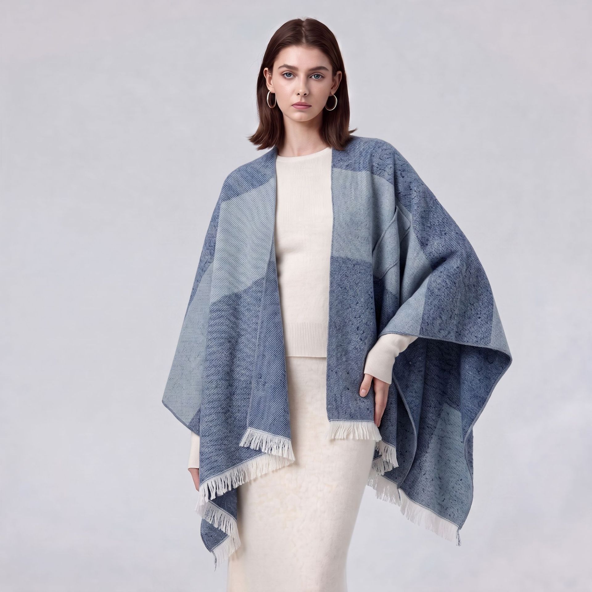 Cross-border women's slit shawl, European and American fashion, side-tie tassel faux cashmere thickened warm cape wholesale