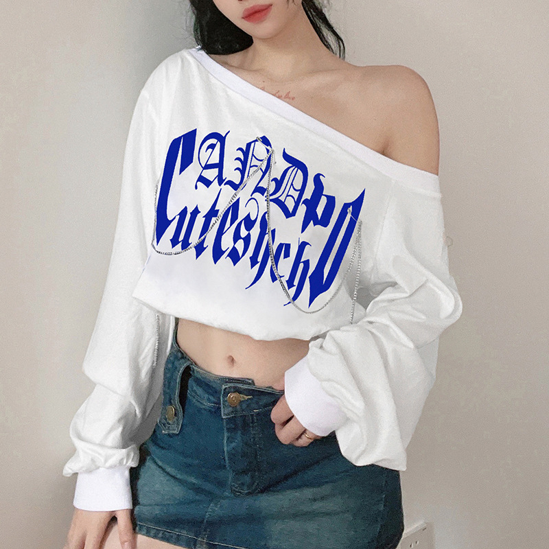 Chain Letter Print Loose long-sleeved Leaked Shoulder Short Sweatshirt   NSGWY117492