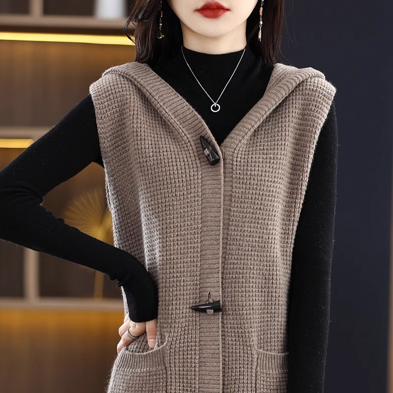 Medio-longitud suéter abrigo para mujer 2024 nuevo Estilo Chaleco primavera y otoño moda con Capucha de punto cardigan chal ropa exterior image 5